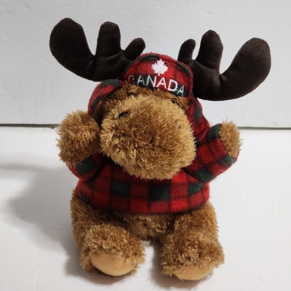 Creature Comforts CANADA Souvenir Brown Moose Red Green Plaid Hat Plush 8"